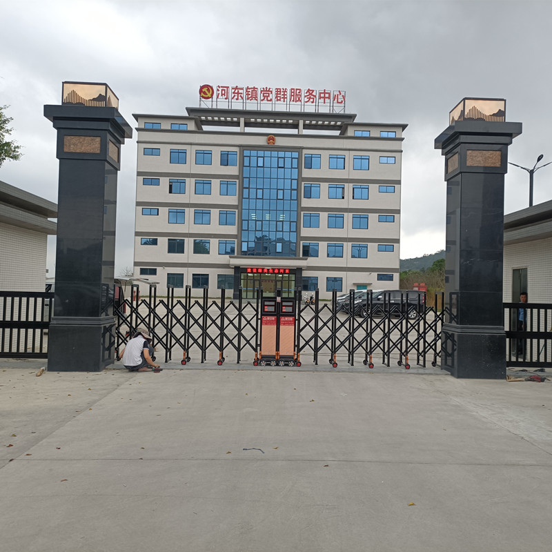 汕尾陆丰河东镇政府大门安装德安居平头网花电动伸缩门项目